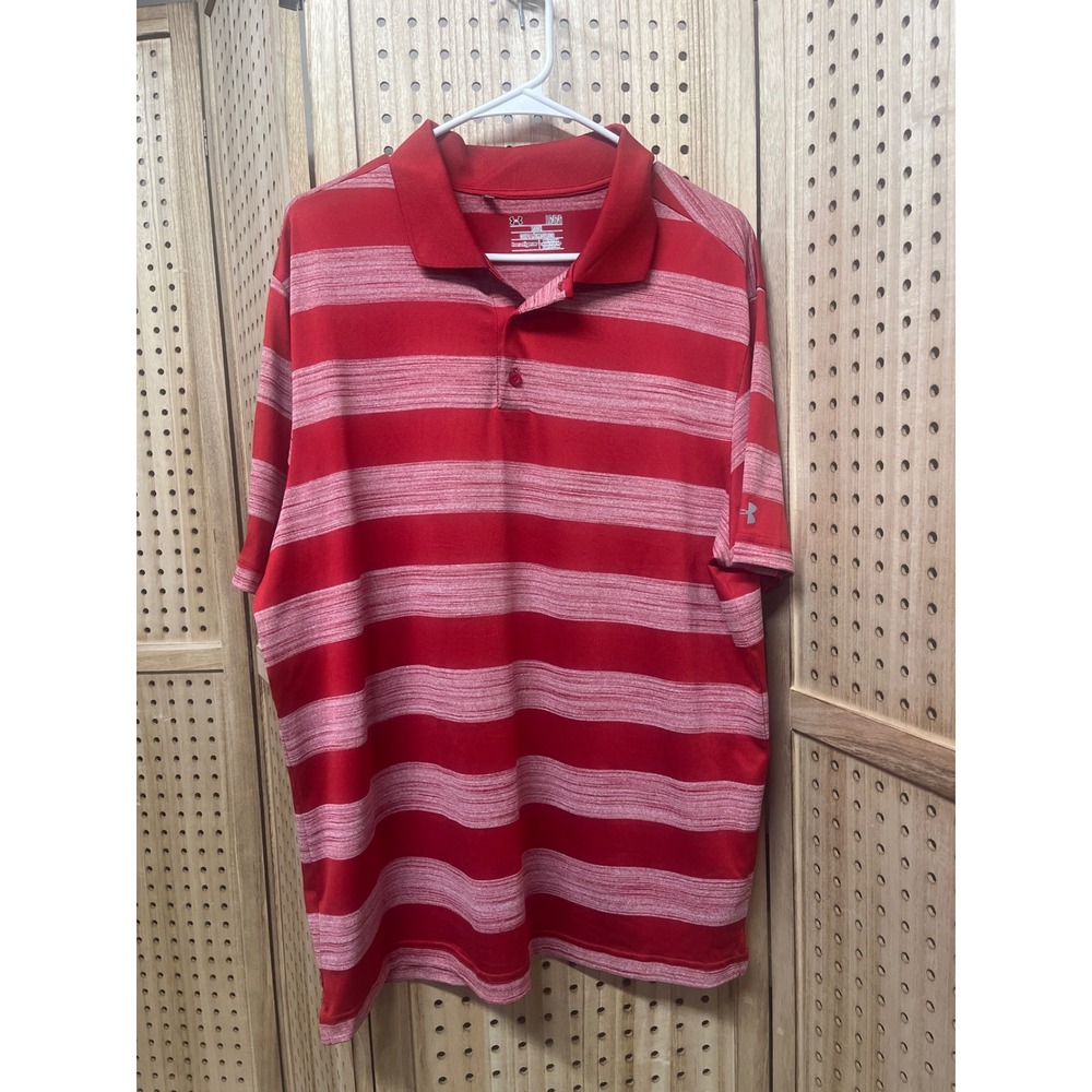 Under Armour HeatGear Mens Large Red White Striped Loose Fit Golf Polo Shirt